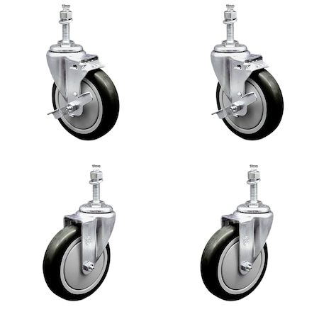 Service Caster 5 Inch SS Black Polyurethane Swivel 10mm Threaded Stem Caster Brakes, 2PK SSTS20S514-PPUB-BLK-TLB-M1015-2-S-2